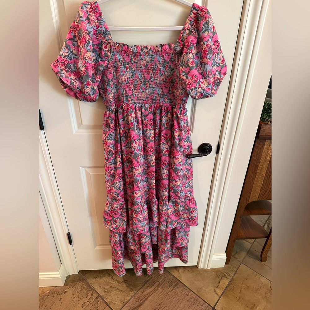 English Factory floral midi dress, smocking,  with puffy sleeves, some flounce!
